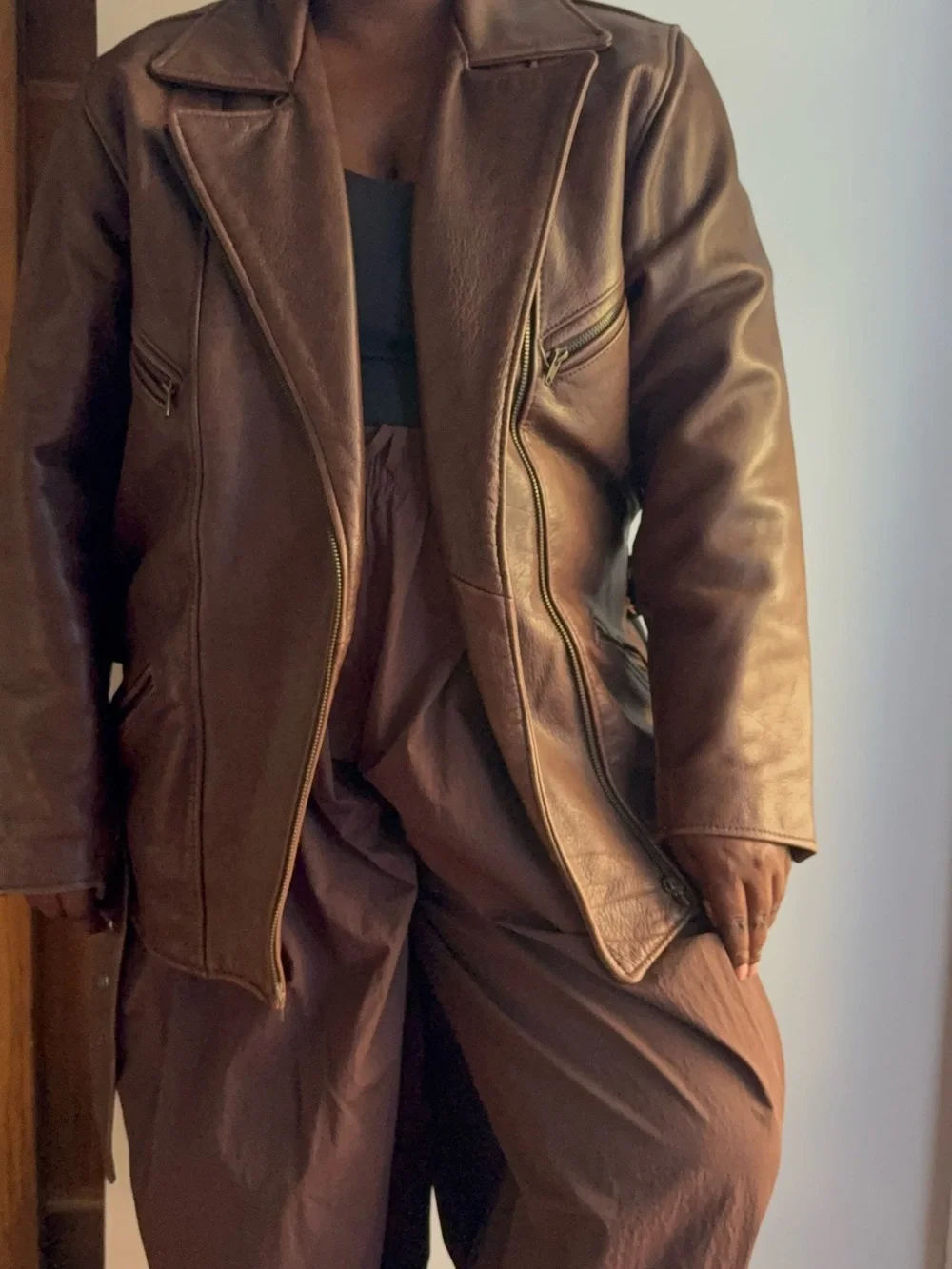 Vintage Gil Bret Brown Leather Belted Moto Jacket Distressed Biker Coat - Picture 5 of 13
